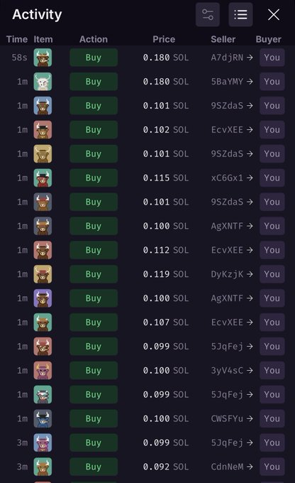 A transaction history activity log showing multiple purchases priced between 0.092 and 0.180 SOL made by the user from various sellers.