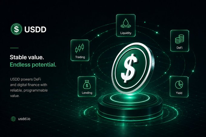 USDD stablecoin promotional graphic with text "Stable value. Endless potential." showing the USDD coin surrounded by icons for Trading, Liquidity, DeFi, Lending, and Yield, linking to usdd.io.