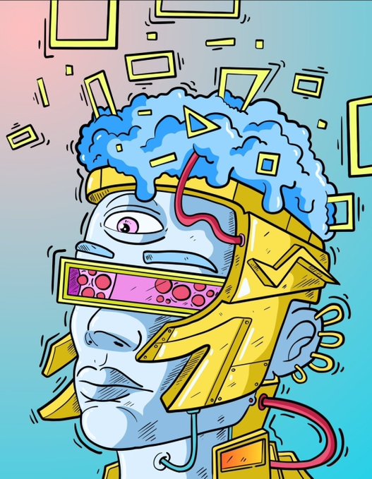 A pop art style illustration of a blue-skinned face wearing a golden helmet with its brain exposed, featuring geometric shapes floating around it.