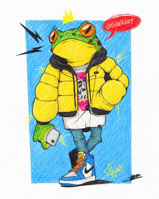 A colorful illustration depicts a humanoid frog character wearing a yellow puffer jacket and Nike high-top sneakers, with a speech bubble reading '@SHOERART'.