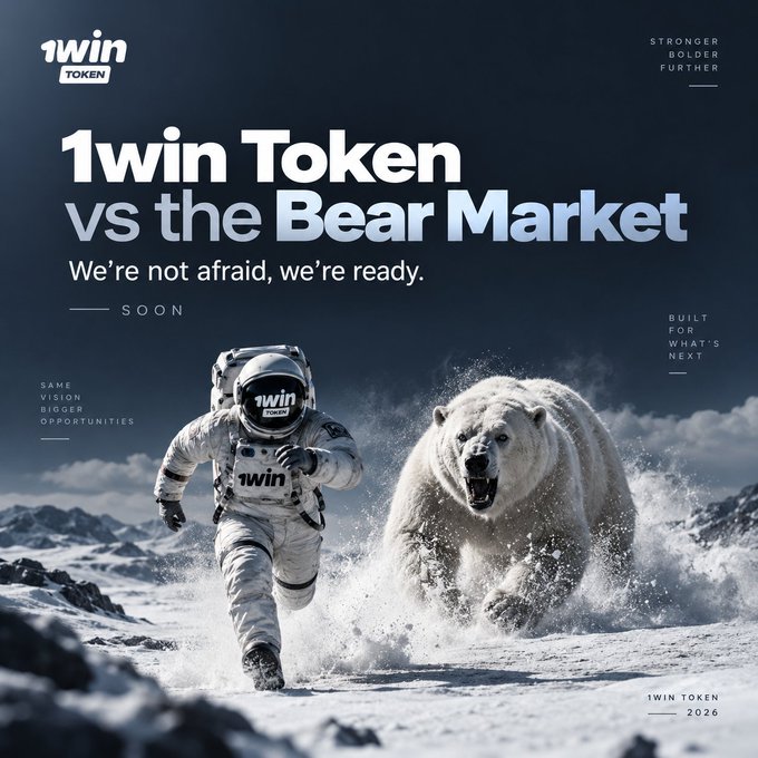An astronaut wearing a "1win Token" suit runs across a snowy landscape while a polar bear chases behind, illustrating the post's theme of facing the bear market head-on. The bold text reads "1win Token vs the Bear Market – We're not afraid, we're ready," with the "1win TOKEN" logo and "1WIN TOKEN 2026" branding visible.