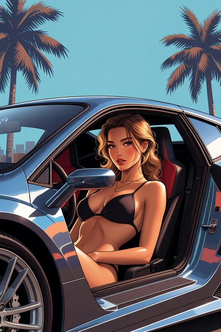 A stylized illustration shows a glamorous woman in a bikini sitting in the passenger seat of a blue sports car, framed by palm trees against a clear sky. The image evokes the meme-fueled "degen summer" vibe of crypto hype cycles—flashy, superficial, and seductive—mirroring how memecoins like CYBERLEEK attract attention through spectacle while distracting from deeper frustrations like the erosion of gamer ownership in the industry.