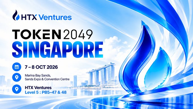 The image is a promotional graphic for HTX Ventures' appearance at TOKEN2049 Singapore, featuring the event details (7-8 October 2026 at Marina Bay Sands, Sands Expo & Convention Centre, Level 5: PB5-47 & 48) against a blue-themed backdrop with the Singapore skyline and iconic Marina Bay Sands visible. It serves as a visual announcement inviting attendees to visit the HTX Ventures booth, matching the post's excitement about networking and discussing crypto trends at the conference.