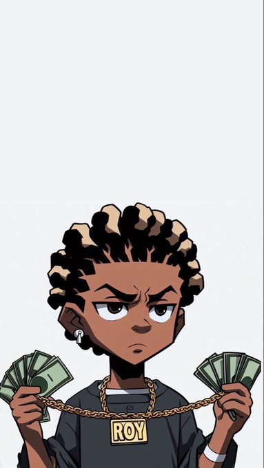An illustrated character named "ROY" holds cash in both hands while wearing a gold "ROY" nameplate chain, depicted with a skeptical expression and highlighted curly hair.