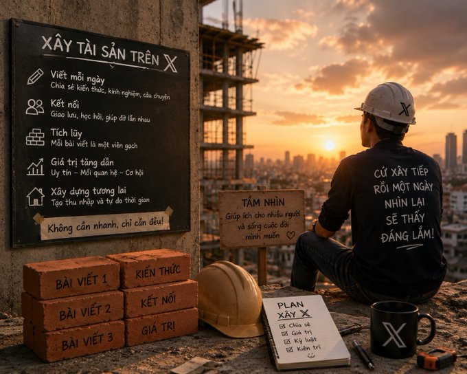 A construction worker sits on a rooftop at sunset facing a city, wearing a black shirt with the text 'CỨ XÂY TIẾP RỒI MỘT NGÀY NHÌN LẠI SẼ THẤY ĐÁNG LÀM!'. A chalkboard displays 'XÂY TÀI SẢN TRÊN X' along with principles like 'Viết mỗi ngày' and 'Kết nối', next to bricks labeled 'BÀI VIẾT 1', 'KIẾN THỨC', and 'GIÁ TRỊ'.