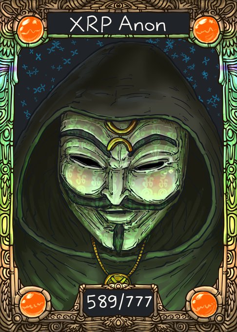 A tarot-style card titled 'XRP Anon' depicts a hooded figure wearing a Guy Fawkes-style mask with XRP cryptocurrency logos, featuring a crescent moon forehead symbol and a gold necklace, with '589/777' displayed at the bottom.