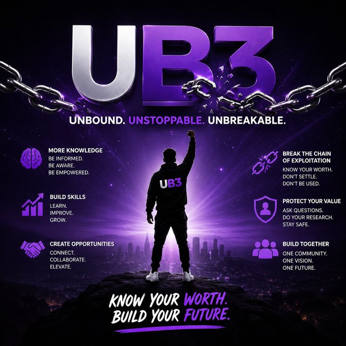 A promotional poster for 'UB3' showing a silhouette of a person raising a fist, breaking chains, with the tagline 'UNBOUND. UNSTOPPABLE. UNBREAKABLE.' and 'KNOW YOUR WORTH. BUILD YOUR FUTURE.' along with various empowerment messages.