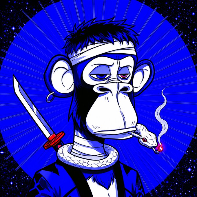 A stylized illustration of a monkey/ape character with a headband, earring, and one heterochromatic eye, holding a katana and smoking a cigarette against a blue circular background with stars.