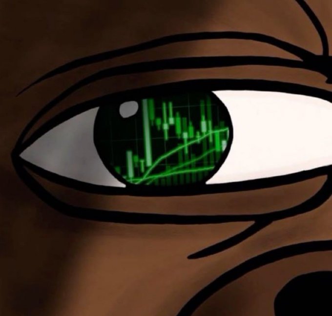 A close-up of an anime character's eye with a green stock chart reflected in the pupil, symbolizing a trader's all-seeing gaze on the markets—fitting the "Gn degens" caption as a nod to degen traders glued to charts.