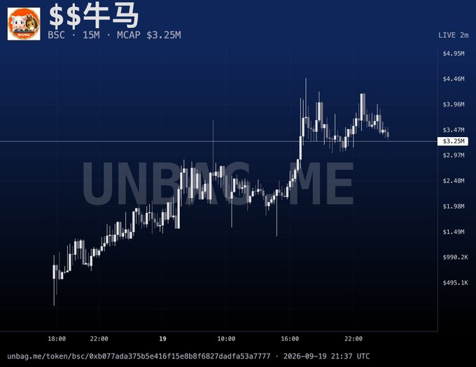 A cryptocurrency price chart for the token '$$牛马' on the BSC network, showing a live price of $3.25M with a market cap of $3.25M, overlaid with 'UNBAGG ME' watermark text.