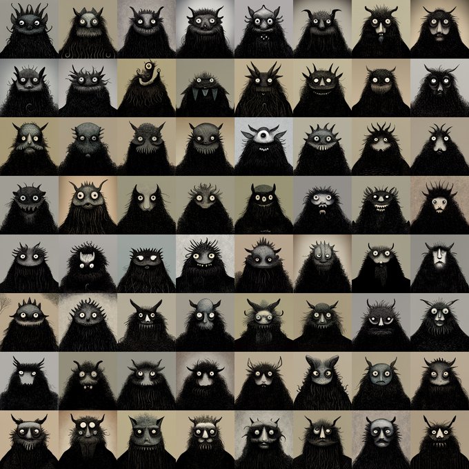 A grid of 64 hand-drawn style illustrations of small, dark, horned monster creatures with white eyes, each featuring subtle variations in their features and expressions, arranged in an 8x8 layout to represent the "Fourth Generation CoB" NFT collection mentioned in the post.