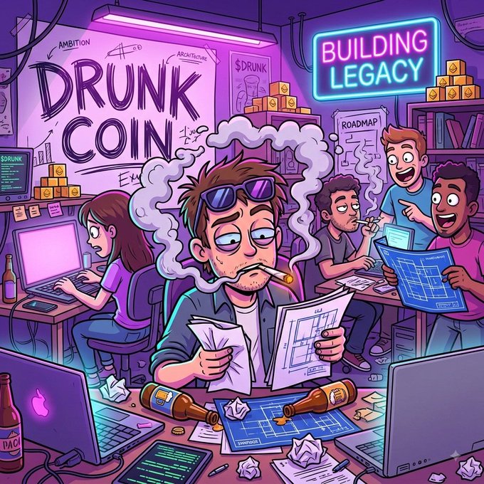 A cartoon scene depicts a disheveled developer smoking a cigar surrounded by blueprints, scattered beer bottles, and crumpled papers, while excited teammates review plans labeled "$DRUNKCOIN," "ROADMAP," "ARCHITECTURE," and a neon "BUILDING LEGACY" sign—capturing the chaotic energy of the $DRUNKCOIN meme coin launch narrative.