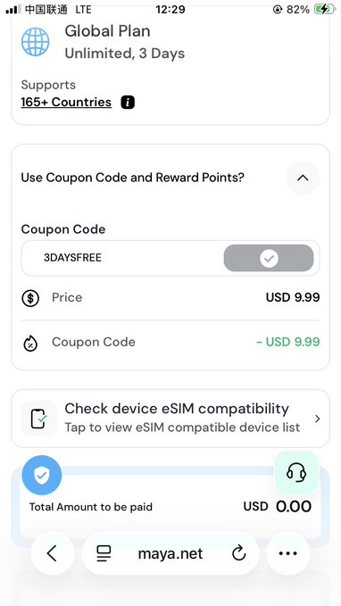 The image shows a mobile checkout screen for a "Global Plan" eSIM (3 days, unlimited data, supporting 165+ countries) with the coupon code "3DAYSFREE" applied, reducing the USD 9.99 price to a total of USD 0.00 on maya.net—likely illustrating a method to obtain a free foreign eSIM/data plan, similar to the referral-based deals mentioned in the ether.fi update.