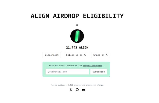 A webpage displays 'ALIGN AIRDROP ELIGIBILITY' with '21,743 ALIGN' tokens, along with Disconnect, Follow on X, and Share on X buttons, plus a newsletter subscription form.
