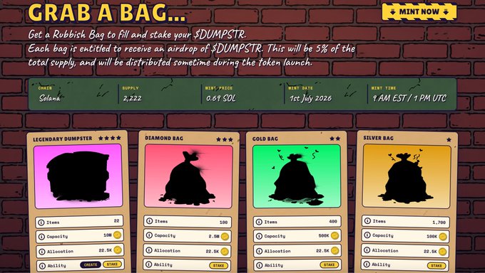 The image displays a "Grab a Bag" NFT mint page for $DUMPSTR on Solana, featuring four tiered Rubbish Bags (Legendary Dumpster, Diamond Bag, Gold Bag, Silver Bag) priced at 0.01 SOL with a total supply of 2,222 and a mint date of July 1st, 2026 at 7 AM EST. The accompanying post highlights the upcoming CyberKongz DUMPSTR mint, expressing excitement after tuning into an AMA with hosts @tothedemon and @HenryTheGrape, which aligns with the site's "dumpster" theme.
