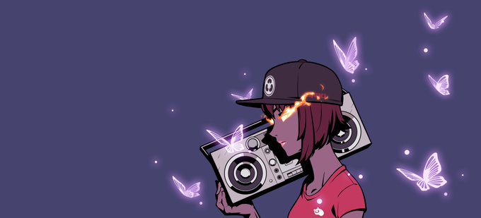 An anime-style character wearing a cap holds a boombox as glowing purple butterflies and embers swirl around them against a dark sky, visually echoing the celebratory and magical mood of the Azuki TCG drop and birthday announcement.