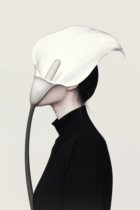 A surreal, monochromatic photograph of a person in profile wearing a black turtleneck, their head obscured by a large white calla lily flower that extends down into a long, curved stem.
