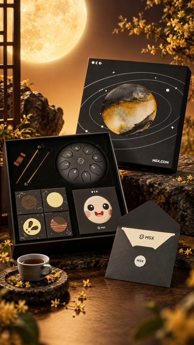 MSX branded gift box featuring a moon and planet design, opened to reveal chocolates and accessories arranged with a cup and envelope under a glowing moon.