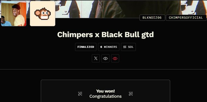 A digital interface showing 'Chimpers x Black Bull gtd' with 6 winners on SOL, displaying 'You won! Congratulations' and usernames BLKNO1Z06 and CHIMPERSOFFICIAL.