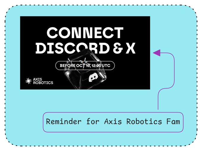A reminder graphic for Axis Robotics Fam urging viewers to connect Discord and X before October 10, 12:00 UTC.