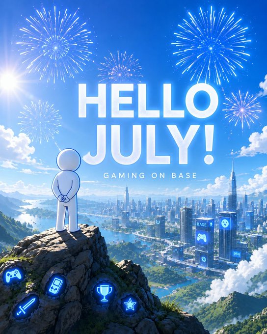 A 3D white figure stands on a rocky cliff overlooking a futuristic "Gaming on Base" city beneath fireworks and the large text "HELLO JULY!", tying into the post's celebration of new gaming updates, communities, and builders on Base this month.