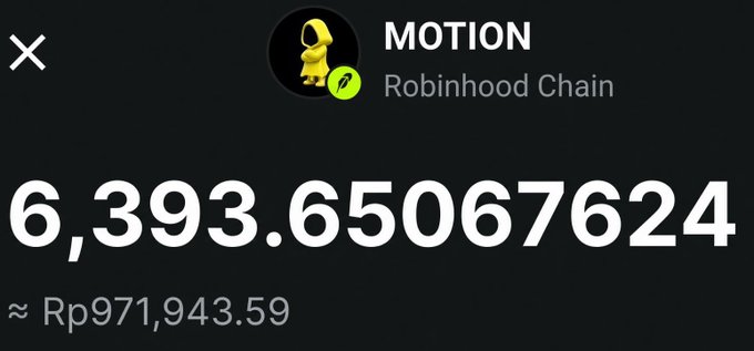 A cryptocurrency price display shows "MOTION" on "Robinhood Chain" priced at 6,393.65067624, approximately Rp971,943.59, alongside a yellow figure icon.