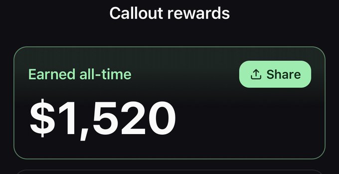 A screenshot displays "Callout rewards" with "Earned all-time" totaling **$1,520**, alongside a Share button—illustrating the user's claim of "stacking call out rewards daily" toward this impressive lifetime total.