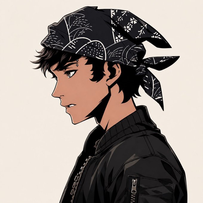 An anime-style illustration of a young man in profile wearing a black jacket and a black patterned bandana, with a small beauty mark under his eye.
