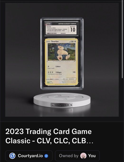 A CGC graded Snorlax Pokemon card (grade 10) displayed on a Courtyard.io stand, with text "2023 Trading Card Game Classic - CLV, CLC, CLB..." and "Owned by You."
