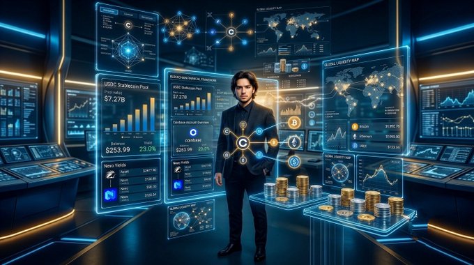 A sci-fi style digital illustration of a young man in a dark suit standing in a futuristic control room filled with glowing holographic financial charts, maps, and data displays.