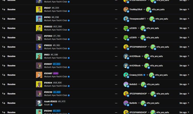 A screenshot of NFT transaction history on a marketplace, showing multiple 'Receive' actions for 'Mutant Ape Yacht Club' and 'Azuki' items transferred to the address 'nfts_are_safu'.