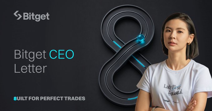 A 'Bitget CEO Letter' promotional image showing a woman in a white 'Lady First Founded' t-shirt standing next to a large 3D figure-eight logo, with text 'Built for Perfect Trades.'