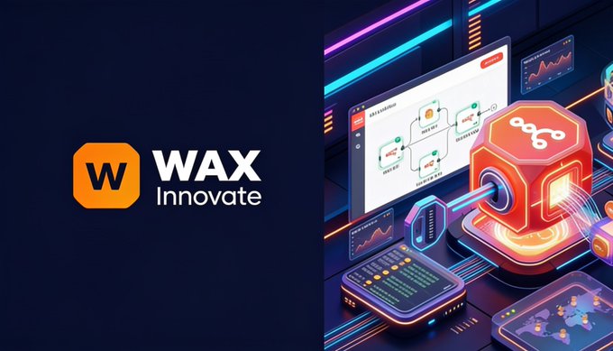 A promotional graphic featuring the "WAX Innovate" logo on the left, alongside an isometric illustration on the right depicting a workflow automation dashboard with interconnected nodes and a central orange cube, visually representing the n8n-wax-kit's ability to integrate WAX into drag-and-drop workflows.