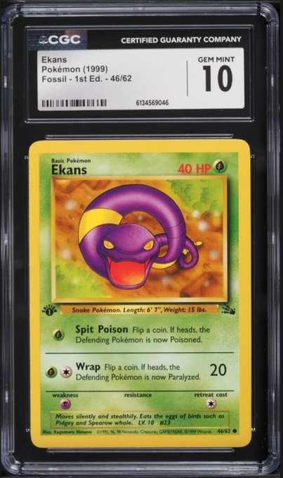 A CGC certified Pokémon card featuring Ekans from the 1999 Fossil set, 1st Edition, graded GEM MINT 10, encased in a protective slab.