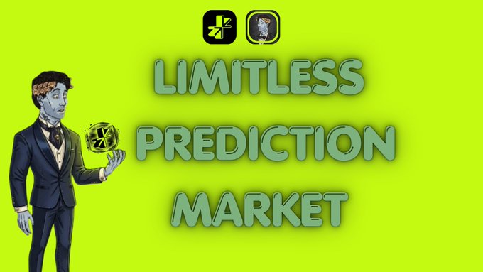 A thumbnail on a bright green background reading 'LIMITLESS PREDICTION MARKET' featuring a 3D character in a suit holding a glowing cube, with two app icons at the top.