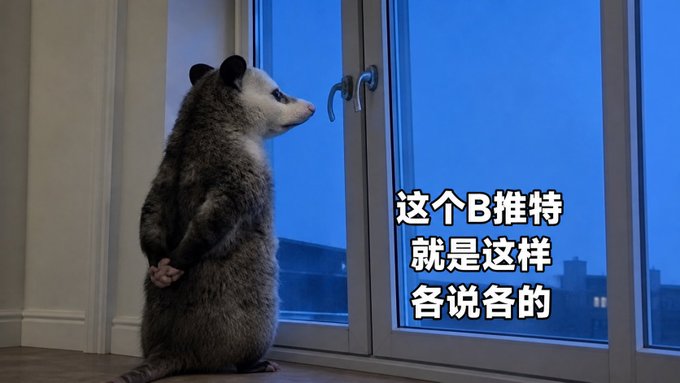 A raccoon stands on its hind legs, peering through a large window at a blue twilight sky. Chinese text overlay reads "这个B推特 就是这样 各说各的" (roughly: "This B Twitter is like this, everyone says their own thing"), humorously commenting on the fragmented, self-serving narratives on crypto Twitter, which contrasts with the post's call for genuine collaboration with Bitget Wallet.