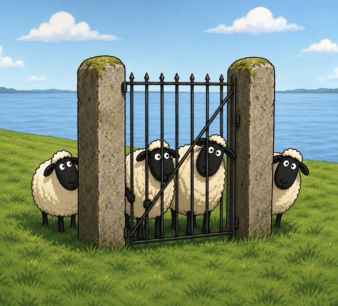 A cartoon illustration of four black-faced sheep in a grassy field near a body of water; two sheep are standing outside a closed black iron gate flanked by stone pillars, while two are trapped behind it.