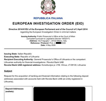 The image shows an official "European Investigation Order (EIO)" from the Italian Republic (Republic of Lithuania), issued by the Public Prosecutor's Office in Milan, requesting banking and financial information from Revolut Bank UAB regarding deposit addresses associated with accounts. 

This document relates to the post by illustrating how hackers obtained access to official Italian government communications—likely via an infostealer compromising a prosecutor's email—to issue fraudulent requests like this one to Revolut, exposing the lack of authentication protocols for such sensitive legal orders.