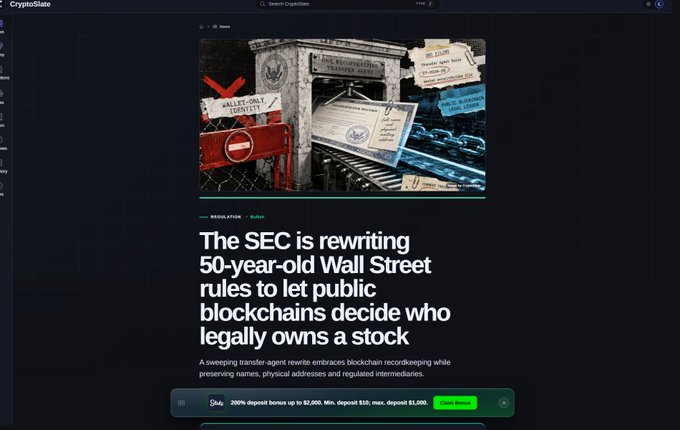 A CryptoSlate article headlined 'The SEC is rewriting 50-year-old Wall Street rules to let public blockchains decide who legally owns a stock,' featuring an image of a barrier and SEC paperwork.