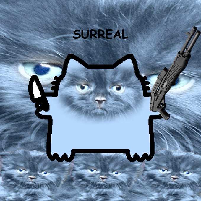 A surreal cat meme featuring a blue, alien-like cat character holding a shotgun, with the word "SURREAL" written above and multiple cat faces filling the background.