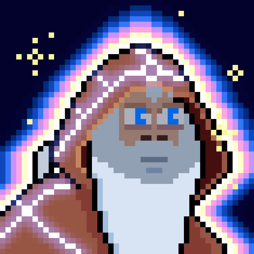 The image features a cartoon character with a brown hooded head wearing glasses and a red shirt. The character has blue eyes, giving them a unique appearance. The background of the image is filled with stars and a rainbow-like glow, creating an otherworldly atmosphere. The caption below the image reads "gm to those that CHIMP, happy Wise Beard Wednesday from one of the first Chimps I ever created!".