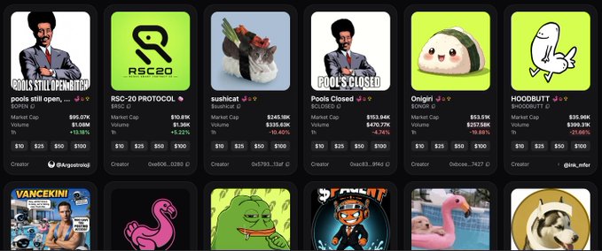 A memecoin marketplace showing tokens including Pools Still Open, RSC-20, Sushicat, Pools Closed, Onigiri, and Hoodbutt with their market caps and 24-hour price changes.