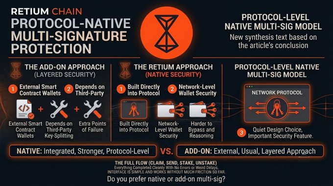 Infographic for 'Retium Chain' comparing add-on versus protocol-native multi-signature protection, highlighting built-in security features and a 'Quiet Design Choice, Important Security Feature.'