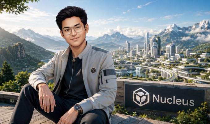 An AI-generated image of a young man wearing glasses sitting on a stone ledge with a 'Nucleus' sign, overlooking a futuristic city valley surrounded by mountains.