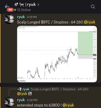 A Discord chat in the #ryuk channel shows a scalp long $BTC trade posted by user "ryuk" at 4:16 PM with a stoploss at 64,260, later updated at 6:06 PM noting extended stops to 63,800, supporting the post's message about sharing trades transparently with the community.