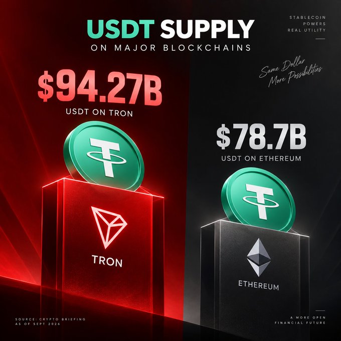 A marketing infographic titled "USDT SUPPLY ON MAJOR BLOCKCHAINS" showing $94.27B USDT on TRON versus $78.7B USDT on Ethereum, with the tagline "Stablecoin Powers Real Utility."