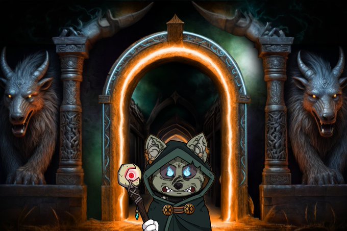 A digital illustration features a cartoonish cat-like character in a green hooded robe holding a staff, standing before a glowing orange portal flanked by stone werewolf statues.