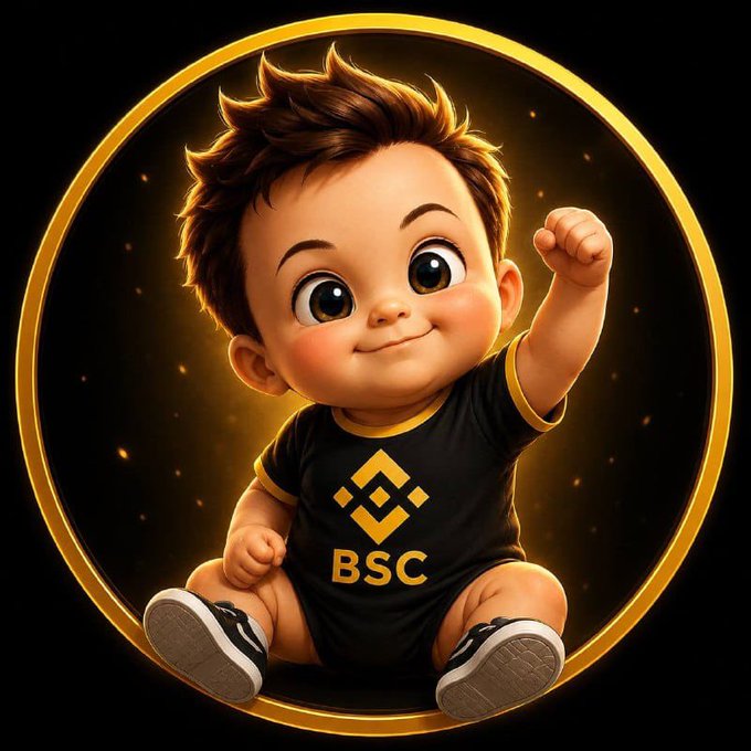 This image depicts a cartoon baby wearing a black bodysuit with the Binance Smart Chain (BSC) logo and text. The image likely represents "Baby Elon" as mentioned in the accompanying text, symbolizing its landing on BSC for the $SPCX token.