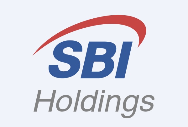 The image displays the SBI Holdings logo, featuring bold blue "SBI" lettering with a red swoosh above and gray "Holdings" text below. This relates to the post as SBI Group is the Japanese financial conglomerate partnering with Ondo Finance to tokenize Japanese equities using the JPYSC stablecoin for blockchain-based settlement and real-world asset tokenization.