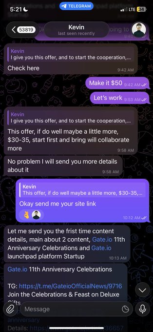 A Telegram chat screenshot with a user named Kevin discussing a collaboration offer of $30-35, including links to Gate.io 11th Anniversary Celebrations on Gate.io.